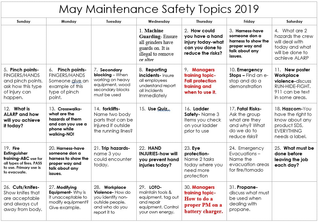 May 2019 Maintenance Safety Calendar